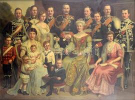 cca 1914 Hohenzollern német császári-család, rajta II. Vilmos császár, papír, litográfia, foltos, üvegezett fa keretben, 36x49, keret: 43x55 cm