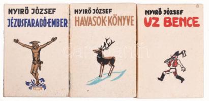 Nyírő József 3 műve: Jézusfaragó ember, Uz Bence, Havasok könyve. Bp., 1936-1937. Révai. Kiadói festett, illusztrált halina-kötés, foltos borítókkal.