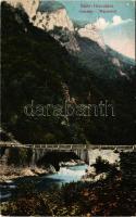 1924 Herkulesfürdő, Herkulesbad, Baile Herculane; Cserna-völgyi vízesés. Viliam Krizsány kiadása / Csernatal Wasserfall / waterfall, bridge