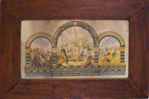 1935 Magyar Hiszekegy, nagyméretű, színes nyomat, szign. Hollós Endre, kiadja a Magyar Nemzeti Szövetség, Bp., Klösz Coloroffset-ny., üvegezett fakeretben, kisebb lyukkal, lapszéli ázásnyommal, látható: 25x45,5 cm, külső méret: 42,5x63 cm