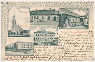 1904 Nagysomkút, Somcuta Mare; Római katolikus templom, Kővárvidéki Takarékpénztár, Teleki kastély, M. kir. Állami elemi népiskola, Megyeháza. Szigethy Jenő festő fényképészeti műterméből / Catholic church, savings bank of Tara Chioarului, castle, elementary school, county hall. Art Nouveau (EK)
