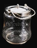 cca 1940 Murano bullicante kekszes edény, fém fedővel, m: 16 cm