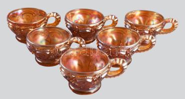 cca 1930 6 darab irizáló karneválüveg csésze, d: 9 cm