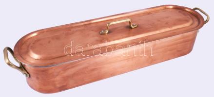 Hatalmas vörösréz halsütő, fedővel, kiemelővel, jó állapotban, h: 67 cm