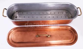 Hatalmas vörösréz halsütő, fedővel, kiemelővel, jó állapotban, h: 67 cm