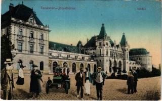 1912 Temesvár, Timisoara; Józsefváros, indóház, vasútállomás, montázs emberekkel és automobillal / Iosefin railway station, montage with people and automobile (EB)