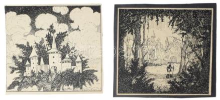 Lajos Ferenc (1912-1998): Hüvelyk Matyi 8 db grafika. Tus, papír, jelezve. 16x17 cm, 38x9 cm méretek...