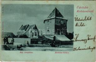 1899 Kolozsvár, Cluj; Református templom, Bethlen-bástya télen. Kováts P. fiai kiadása / Calvinist church, bastion tower in winter (fa)