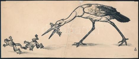 Haranghy Jenő (1894-1951): Békaevő gólya Tus, papír, jelzett. 11x28 cm Törésnyommal.