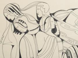 Lajos Ferenc (1912-1998): Járók-kelől. Tus, papír, jelezve. 38x27 cm paszpartuban