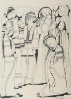 Lajos Ferenc (1912-1998): Barátnők. Tus, papír, jelezve. 38x27 cm paszpartuban