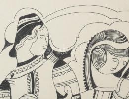 Lajos Ferenc (1912-1998): Barátnők. Tus, papír, jelezve. 38x27 cm paszpartuban