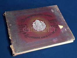 Magyarország képes albuma. - Illustrirtes Album von Ungarn. - Album illustré de la Hongrie. - Illustrated Album of Hungary. - Iljusztritovannij album Vengrii. Budapest, [1910 körül]. Idegenforgalmi és Utazási Vállalat Rt. - Globus Műintézet [2] + 148 + [160] + 201-376 p. + 12 t. Folio. Magyar, német, francia, angol és orosz nyelven feliratozott, képes országismertető albumunk az ország idegenforgalmi nevezetességeit, természeti és épített örökségét, fürdőhelyeit, valamint gazdasági és kulturális életrevalóságát mutatja be. A MÁV Főpénztára és az Idegenforgalmi és Utazási Vállalat Rt. közös kiadásában megjelent album bőségesen válogat budapesti és vidéki utcaképekből, városi parkok, üdülőhelyek, szállodák panorámafotóiból, mágnáspaloták enteriőrjeiből. Kötetünk második felét képes hirdetések alkotják. Néhány ív téves helyre kötve. Egy levélen szakadásnyom, három levélen apró levágás, a címlapon és az azt követő néhány levélen apró sérülés. Az előzékeken javítás, példányunk belíve elvált a kötéstábláktól. Aranyozott, festett, sérült, foltos kiadói egészvászon kötésben, vörös festésű lapszélekkel.