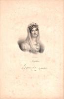 [Metszet] Joséphine de Beauharnais francia császárné, I. Napóleon feleségének kőnyomatú portréja Francois-Séraphin Delpech (1778-1825) grafikusművész kidolgozásában. (1820/1835). [Paris, 1835 körül]. [Nyomda nélkül]. Kőnyomat, mérete: 140x95 mm egy 275x180 mm méretű lapon. Joséphine-portrénk Francois Delpech (1778-1825) francia grafikus műve. A napóleoni idők tanújaként felnövekedett művész 1818-ban nyitotta meg litográfiai műintézetét Párizsban, ekkortól metszette kőbe korszaka számos híres személyiségének portréját. Litográfiánk Joséphine de Beauharnais francia császárnét császárnévá koronázása utáni pillanatában örökíti meg, fején és nyakában császári ékszerekkel. Magában álló metszetünk feltehetően egy, az 1830-as években kiadott történelmi munka illusztrációjaként jelent meg. Jó állapotú lap, enyhe foxinggal.