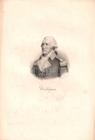 [Metszet] George Washington amerikai elnök kőnyomatú portréja Francois-Séraphin Delpech (1778-1825) grafikusművész kidolgozásában. (1820/1835). [Párizs, 1835 körül]. [Nyomda nélkül]. Kőnyomat, mérete: 120x95 mm egy 275x185 mm méretű lapon. Washington-portrénk Francois Delpech (1778-1825) francia grafikus műve. A napóleoni idők tanújaként felnövekedett művész 1818-ban nyitotta meg litográfiai műintézetét Párizsban, ekkortól metszette kőbe korszaka számos híres személyiségének portréját. Washington-rajza az idős politikust főparancsnoki egyenruhájában ábrázolja, nevezetes, 1783. évi lemondása környékén. Magában álló metszetünk feltehetően egy, az 1830-as években kiadott történelmi munka illusztrációjaként jelent meg. Jó állapotú lap, enyhe foxinggal.