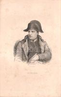 [Metszet] I. Napóleon francia császár és hadvezér kőnyomatú portréja. Ismeretlen francia grafikus műve (1835 körül). [Párizs, 1835 körül]. Imprimerie Lemercier Benard et Cie. Kőnyomat, mérete 160x120 mm egy 270x175 mm méretű lapon. Ismeretlen művész által rajzolt Napóleon-kőnyomatunk a francia császárt jól ismert pózában ábrázolja, háromszögletű kalapjában, katonai zubbonyában, bal kezét mellénye gombjai közé csúsztatva. Magában álló metszetünk feltehetően egy, az 1830-as években kiadott történelmi munka illusztrációjaként jelent meg, a nyomat a történelmi illusztrációkra szakosodott párizsi Lemercier, Benard és Társa nyomában készült. Jó állapotú lap, enyhe foxinggal.