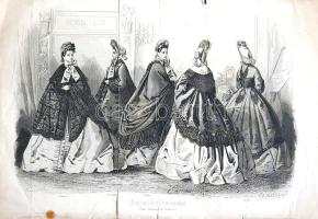 [Metszet] A Maison Gagelin párizsi divatház négy női ruhakölteménye utcai sétákhoz. A Journal de Desmoiselles folyóirat 1863. évi májusi számának acélmetszetű melléklete. (1863). Paris, 1863. Imprimerie Gilquin et Dupain. Acélmetszet, mérete: 250x350 mm egy 270x390 mm méretű lapon. Divatképünk a tehetős családok 14-18 éves hölgytagjai érdeklődésére számot tevő párizsi divatlapból, a "Journal de Desmoiselles"-ből, a kontinens egyik legtekintélyesebb, ízlésformáló magazinjából származik. Illusztrációnk öt női modellje az Eugénia francia császárné által divatba hozott krinolint, az 1850-es évektől a császárság végéig uralkodó terebélyes, földet söprő, harangszoknyás kosztümöt viseli. A legújabb utcai divat fényes atlaszszövetből készült felsőruha, pártaszerű fejdísz és tekintélyes nyakcsokor viselését is követelte. A teljes testet takaró felsőkabát modelljeinken eltakarja a deréktájt változatlanul kötelező erős fűzést, ez utóbbi csak jobb oldali, felsőkabátot nem viselő modellünkön tanulmányozható. Részletgazdag divatképünk alján az öt ruhaköltemény neve: Fathura, Feuella, Regina, Bluet és Spahis, a háttérben korabeli szalonbelső, vázával, függönyökkel, négyágú fali csillárral, ornamentikus keretben elhelyezett tapétaajtóval, mely fölött a divatház neve diszkréten húzódik meg. Divatképünk kihajtható mellékletként szerepelt a lapban, a lapszélen és a hajtások mentén szakadásnyomok, bal oldalt alul apró folt, a lapszéleken enyhe elszíneződés. Jó állapotú lap.