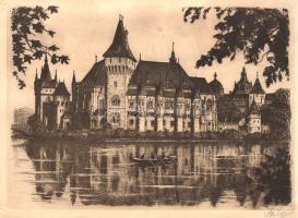 [Grafika] Vajdahunyad vára, előterében a Városligeti-tóval. Szignált rézmetszet. [Budapest, 1930 körül]. Rézmetszet, mérete: 155x225, lapméret: 175x240 mm. Látképünkön a városligeti Vajdahunyad vára látható. Az ezredéves kiállításra készült kulisszaépítmény után 1908-ban átadott végleges változat a magyarországi építészet fejlődését mutatta be, ennek megfelelően román, gótikus, reneszánsz és barokk szárnyakból áll. Képünkön a gótikus erdélyi építészetet bemutatni hivatott kaputornyot és a leglátványosabbnak számító gótikus szárnyat tanulmányozhatjuk, jobb oldalt, hátul a barokk szárny tűnik fel, az előtérben a Városligeti-tó, evezősökkel. Látképünk felvételi pontja a Korcsolyacsarnok terasza, innen bontakozik ki ugyanis a leglátványosabban az erdélyi Hunyadi-vár kicsinyített mása. Ismeretlen művész által készített rézmetszetünk jobb alsó sarkában "Salgó" szignó található. A hátoldalon apró ragasztónyomok. Jó állapotú lap.