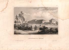 [Metszet] Schleissheim bei München. Acélmetszetű látkép a Meyer's Universum nevű német topográfiai sorozat 8. kötetéből (1841). Hildburghausen, [1852]. Druck und Verlag vom Bibliographisches Institut. Acélmetszet, mérete: 100x160 mm egy 190x260 mm méretű lapon. Látképünk az 1833-1860 között 21 kötetben megjelent német nyelvű, illusztrált topográfiai műben, a Meyer's Universumban jelent meg, mely az öt kontinens nevezetes természeti, építészeti és néprajzi látnivalóiból szemezget: városokat, piacokat, várakat, kastélyokat, templomokat, parkokat, sétatereket, fürdőket, kaszárnyákat, parlamenteket, börzéket éppúgy ismertet, mint öblöket, sziklameredélyek alatt megbújó házakat, hegytetőt uraló várromokat, folyóparti népi jeleneteket és hasonlókat. Az ismertető szövegekhez mellékelt, építészeti, tájépítészeti és néprajzi pontosságra törekvő veduták (látképek) megkapó szögből dolgozzák ki a látványt. Az előtérben a korabeli városi és vidéki élet tipikus jelenetei zajlanak, a tó környéki sétától a folyami kikötés esetéig, az ökörhajtástól a piknikezésig; a zsánerképek egyben a korabeli öltözködési és viselkedési normát is megörökítik. Képünk fókuszában a München közelében találhatóm bajor uralkodók által emelt és bővített Schleissheim-kastély. A 18. század derekán elkészült, monumentális új kastély barokk stílusban épült, bal oldalon a régi, reneszánsz jegyeket hordozó régi kastélyépület szerényen húzódik meg. Az előtérben vadászatra induló társaság, kutyával, távolabb polgári séta- és hintójelenetek. Az udvari használatban lévő kastély páratlan festészeti gyűjteményt rejt, ónémet, reneszánsz és barokk festményekből, e kultúrkincs méltatására az ismertető szöveg nem sajnálja a terjedelmet, az épület barokk homlokzatáról azonban megvetőleg nyilatkozik: az olasz építőmesterek bajorországi barokk építészete véleménye szerint a szerves német építészeti hagyományokon elkövetett látványos erőszak és degeneráció. Látképünk a Meyer-sorozat 8. kötetének 111. oldalához tartozik. A felső sarkokban kisebb foltosság, a felső lapszélen apró sérülés. Jó állapotú lap.