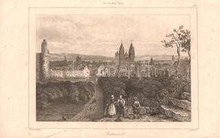 [Metszet] Andernach acélmetszetű látképe a "L'Univers pittoresque" című topográfiai mű 6. kötetéből. Augustin Francois Lemaitre (1797-1870) francia grafikusművész alkotása. (1838). [Párizs, 1838]. [Firmin Didot Freres]. Acélmetszet, mérete: 95x140 mm 125x205 mm méretű lapon. A "L'Univers pittoresque: ou histoire et description de tous les peuples, de leurs religions, moeurs, coutumes' című topográfiai sorozatot 1835-ben indította a párizsi Firmin Didot kiadó. A monumentális, acélmetszetekkel illusztrált ismeretterjesztő sorozat Európa, Ázsia, Amerika, Afrika egyes országainak, népeinek történelmét, kultúráját, életmódját; épített, természeti és kulturális örökségét ismertette. A füzetekben, később kötetekben összeálló sorozat méretére jellemző, hogy Európa országait, népeit 40 kötetben méltatta; Németországgal: az ekkor még filozófusok, zenészek és művészek hazájának számító, széttagolt Németországgal két kötetben foglalkozott. Látképünkön az ókori időkben alapított, Rajna menti Andernach városa a Krahnenberg magaslatáról. Keleti irányba tekintő városképünkön a négytornyos Mariendom székesegyház és a a Runde Turm körbástyája a legfeltűnőbb elem, a folyó mögöttük teszi meg kanyarulatát. Az előtérben andernachi polgárok beszélgetnek, illetve szemlélik a várost. A háttérben, a keleti városfalon túl szélmalom. A város későbbi ipari jellegére még semmi nem utal, ebben az időben kézműves- és kereskedővárosnak számít a Rajna menti település. Jó állapotú lap.