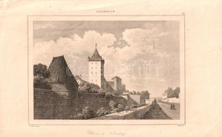 [Metszet] Chateau de Nuremberg. A nürnbergi vár acélmetszetű látképe a "L'Univers pittoresque" című topográfiai mű 6. kötetéből. Augustin Francois Lemaitre (1797-1870) francia grafikusművész alkotása. (1838). [Párizs, 1838]. [Firmin Didot Freres]. Acélmetszet, mérete: 90x130 mm 130x210 mm méretű lapon. A "L'Univers pittoresque: ou histoire et description de tous les peuples, de leurs religions, moeurs, coutumes" című topográfiai sorozatot 1835-ben indította a párizsi Firmin Didot kiadó. A monumentális, acélmetszetekkel illusztrált ismeretterjesztő sorozat Európa, Ázsia, Amerika, Afrika egyes országainak, népeinek történelmét, kultúráját, életmódját; épített, természeti és kulturális örökségét ismertette. A füzetekben, később kötetekben összeálló sorozat méretére jellemző, hogy Európa országait, népeit 40 kötetben méltatta; Németországgal: az ekkor még filozófusok, zenészek és művészek hazájának számító, széttagolt Németországgal két kötetben foglalkozott. Nyugat felé tekintő látképünkön a nürnbergi császárvár épülete a vársétány (Versternergraben) mellől. Az 1100-as években már említett Kaiserburg egészen 1571-ig a német-római császárok kitüntetett lakhelyének számított, mérete is ehhez igazodik. Látképünk központi eleme a Heidenturm (Pogány-torony), ehhez csatlakozik a vár központi szárnya. Az előtérben a jól megőrzött városfal egy kisebb bástyája, a fákkal benőtt városfal és várárok, jobb szélen a vársétány, sétáló nürnbergi polgárokkal. Látképünk igen hűen tükrözi a látványt, a környék ma is hasonlóan fest. Jó állapotú lap.