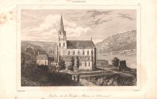 [Metszet] Église de la Vierge Marie a Obervesel. Az oberweseli Szűz Mária-templom acélmetszetű látképe a "L'Univers pittoresque' című topográfiai mű 6. kötetéből. Augustin Francois Lemaitre (1797-1870) francia grafikusművész alkotása. (1838). [Párizs, 1838]. [Firmin Didot Freres]. Acélmetszet, mérete: 95x140 mm 125x200 mm méretű lapon. A 'L'Univers pittoresque: ou histoire et description de tous les peuples, de leurs religions, moeurs, coutumes' című topográfiai sorozatot 1835-ben indította a párizsi Firmin Didot kiadó. A monumentális, acélmetszetekkel illusztrált ismeretterjesztő sorozat Európa, Ázsia, Amerika, Afrika egyes országainak, népeinek történelmét, kultúráját, életmódját; épített, természeti és kulturális örökségét ismertette. A füzetekben, később kötetekben összeálló sorozat méretére jellemző, hogy Európa országait, népeit 40 kötetben méltatta; Németországgal: az ekkor még filozófusok, zenészek és művészek hazájának számító, széttagolt Németországgal két kötetben foglalkozott. Észak felé tekintő látképünkön a Rajna-menti városka, Oberwesel gótikus Miasszonyunk-temploma (Liebfrauenkirche) és kápolnája látható. Igen pontos látképünk a közeli Schönburgból aláereszkedő út kanyarulatából készült, a gótikus apátsági templomtól jobbra, a Rajna partján a Zehnerturm bástyájának romjai. A 13-14. században végleges formát nyert apátsági templom köré a késő középkorban várfalakat emeltek, e várfalak egyik végpontja a jobbra látható Zehnerturm bástyája. A bástya mellett a Rajna hullámzik, rajta bárka, a másik parton a Rajna-vidék hegyei. Az előtérben szőlőskert és a templom irányába tartó vincellér házaspár. A ma is apró településnek számító Oberwesel képünk készülte óta némi part-feltöltéssel gyarapodott, melyen vasútvonal húzódik és kisebb kikötőnek is helyt ad, látképünk szőlőskertje helyére pedig magánházak épültek. A lapon kisebb foltosság. Jó állapotú lap.