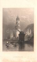 [Metszet] Andernach acélmetszetű látképe a Heath's Picturesque Annual for 1833. Travelling Sketches on the Rhine című topográfiai albumból. Clarkson Stanfield (1793-1867) angol grafikusművész alkotása. (1833). London, (1833). Longman &amp; Co. Acélmetszet, mérete: 133x95 mm egy 192x120 méretű lapon. Az 1830-as évek angol könyvkiadásának népszerű műfaja az acélmetszetű illusztrációkkal ellátott topográfiai munka, amely a leírt vidékek, városok kultúrtörténeti sajátosságai, művészeti emlékei mellett a környék népéleti és nemzetjellemtani részleteire koncentrál. Az illusztrált útleírások piaca az angol mágnások európai körutazási szokásai nyomán élénkült meg. A londoni Longman kiadó illusztrált évkönyv-sorozata, a "Heath's Picturesque Annual" acélmetszetekkel ellátott útirajz-sorozata ebbe a kiadásba illeszkedik, évkönyvei évente más-más vidékre vezettek. A kötelezőnek tekinthető itáliai és franciaországi kötetek mellett 1833-ban mutatkozott be a Rajna-vidék. Látképünkön a Rajna-menti Andernach part menti körbástyája, városfala, a városban a Szűz Mária-székesegyház. A Rajna közepéről a városra néző látképünk előterében népi jelenet helyi polgárokkal és halászokkal, a folyóparti sétálókon innen és túl a régi daru épülete, mögötte magasodik a városfalba épített Rund Turm (körbástya), a falszakasz másik végén emeletes vámőrház. Andernach városának házai mögött a Rajna-vidék hegyei magasodnak. (A legtöbb épület ma is áll; a körbástya mellett a Rajna-part némi feltöltésen esett át azóta.) Jó állapotú lap.