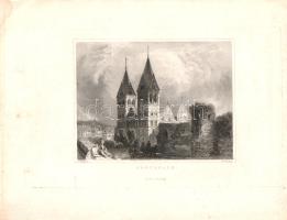[Metszet] Andernach acélmetszetű látképe. Megjelent a "La Belgique et Nassau, ou le touriste continental" című illusztrált topográfiai mű mellékleteként. George Shephard angol grafikusművész rajza alapján metszette Benjamin Winkles. (1837). [London, 1837]. Chez Black et Armstrong. Acélmetszet, mérete: 105x138 mm, lapméret: 205x265 mm. Az 1830-as évek angol könyvkiadásának népszerű műfaja az acélmetszetű illusztrációkkal ellátott topográfiai kötet, amely a leírt vidékek, városok kultúrtörténeti sajátosságai, művészeti emlékei mellett a környék népéleti és nemzetjellemtani részleteire koncentrál. Az illusztrált útleírások piaca az angol mágnások európai körutazási szokásai nyomán élénkült meg. A londoni Black &amp; Armstrong kiadó acélmetszetekkel ellátott útirajza ebbe a kiadáspolitikába illeszkedik, mely a Belgiumtól a Rajna-vidéken egészen Frankfurt am Mainig terjedő vidékre kalauzol. Látképünkön a Rajna-vidék kisvárosának, Andernachnak központi látnivalója, a Maria Himmelfahrt (Mária Mennybemenetele)-templom látható. A romantikus modorban készített veduta előterében növényekkel benőtt falromok, a templomkert innenső falán boldognak látszó ifjú pár piknikezik, korabeli viseletekben. A háttérben a település néhány háza tűnik fel, a távolban pedig a túlpart hegyei, a központi hegycsúcson várrommal. Jó állapotú lap.