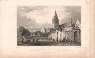 [Metszet] Convent of Reuchenau. Reichenau bencés apátságának acélmetszetű látképe. Megjelent a "Tombleson's Upper Rhine' című illusztrált topográfiai mű mellékleteként. William Tombleson (1795-1846) angol grafikus alkotása. (1840 körül). London, [1840 körül]. Black &amp; Armstrong - Tombleson &amp; Co. Acélmetszet, mérete: 100x155 mm egy 140x240 mm méretű lapon. Az 1830-as évek angol könyvkiadásának népszerű műfaja az acélmetszetű illusztrációkkal ellátott topográfiai kötet, amely a leírt vidékek, városok kultúrtörténeti sajátosságai, művészeti emlékei mellett a környék népéleti és nemzetjellemtani részleteire koncentrál. Az illusztrált útleírások piaca az angol mágnások európai körutazási szokásai nyomán élénkült meg. A londoni Black &amp; Armstrong kiadó acélmetszetekkel ellátott útirajza ebbe a sorba illeszkedik, mely Frankfurt városától svájci forrásvidékéig követi a folyót, beszámolva a hajóút mentén kínálkozó számtalan kulturális, természeti látnivalóról és néprajzi különösségről. Látképünk a Bodeni-tó partján fekvő Reichenau bencés kolostorának látványát nyújtja, romantikus modorban. A 724-ben alapított apátság a közeli Sankt Gallennel együtt a Karoling-reneszánsz meghatározó kolostora volt, ezredforduló előtti könyvtára a kontinens egyik leggazdagabbja volt. A középkor egészén át nevezetes apátságnak számított, a reformáció idejétől azonban jelentősen csökkent tekintélye, 1803-as szekularizációjakor már csak néhány szerzetes szolgált itt. A bencés rend 2001-ben tért vissza a Bodeni-tó apátságába. Látképünk pontos képet alkot a helyszínről: a harangtorony, illetve a kissé hátrébb található, fiatornyos gazdasági épület ma is áll. Az előtérben sétáló, illetve könnyű mezőgazdasági munkát végző polgárok, helyi viseletben. Jó állapotú lap.