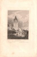 [Metszet] Das Holzthor in Mainz. A mainzi Holzthor/Holzturm (Fatorony) acélmetszetű látképe. Ludwig Lange (1808-1868) grafikusművész Rajna-sorozatának része. Metszette Johann Poppel. (1842 körül). Darmstadt, [1842 körül]. Druck und Verlag von G. G. Lange. Acélmetszet, mérete: 115x85 mm egy 230x150 mm méretű lapon. Ludwig Lange német grafikusművész, a Rajna-vidék megörökítője. Angol és francia utazók érdeklődése nyomán a Rajna-vidékről számos illusztrált topográfiai mű született, melyek a vidék kultúrkincseit, városait, látnivalóit és néprajzi érdekességeit méltatták. Az érdeklődés nyomán Ludwig Lange német grafikusművész is kiadta látképeit. Részletgazdag látképünk a középső Rajna-vidék központi városának jellegzetes látnivalóját, a Holzturm-ot (Fatornyot) örökíti meg. A Holzturm a középkori városfal megmaradt három tornyának egyike, nevét onnan kapta, hogy folyó felőli kapuján szállították a városba a Rajnán úsztatott faárut. A késő gótikus stílusban emelt tornyot a 15. század első felében építették, az újkorban a város más toronybástyáihoz hasonlóan elsősorban börtönként szolgált (a forradalom idején itt tartották fogva a város jakobinusait). Észak felé tekintő látképünkön a torony a kikötőudvar házsorába illeszkedik, az udvaron elszórt faáru környezetében helyi polgárok intézik ügyes-bajos dolgaikat, az udvar távoli kapujánál szénával megrakott ponyvás szekér távozik, a folyó a kikötőudvartól jobbra. A házrengeteg mögött, bal oldalt feltűnik a mainzi Dóm kupolája is, a háttér jobb oldalán a Fischtor épülete sötétlik, tetején zászlókkal. Jó állapotú lap.