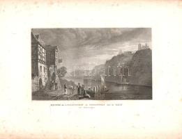 [Metszet] Ruines de Liebenstein et Sternfels sur le Rhin. Liebenstein és Sterrenberg várromjainak acélmetszetű látképe a Rajna folyó átelleni partjáról. William Tombleson angol grafikusművész alkotása. (1832/1840 körül). [Párizs, 1840 körül]. [Nyomda nélkül]. Acélmetszet, mérete: 95x155 mm egy 190x245 mm méretű lapon. Az 1830-as évek angol könyvkiadásának népszerű műfaja az acélmetszetű illusztrációkkal ellátott topográfiai kötet, amely a leírt vidékek, városok kultúrtörténeti sajátosságai, művészeti emlékei mellett a környék népéleti és nemzetjellemtani részleteire koncentrál. Az illusztrált útleírások piaca az angol mágnások európai körutazási szokásai nyomán élénkült meg. Az illusztrált utazási irodalomnak ebbe a vonulatába illeszkedik William Tombleson (1795-1846) grafikusművész és utazó munkássága. A művész az 1830-as évek kezdetén utazta be a Rajna mentét, torkolatától egészen forrásáig. Grafikái is tanúskodnak róla, hogy különös érzéke volt a Rajna-menti népélet és a várromok ábrázolásához. Észak felé tekintő látványképünk a Rajna leglátványosabb részén készült, Boppart településének partjáról pillant a túlpartra. A bopparti oldalon, bal oldalt, előtérben a tradicionális germán gerendaépítészet jegyeit mutató fogadóépület, búcsúzó család, bárkába szálló utazók, a Rajna vízén kisebb bárkák, látképünk jobb oldalán pedig a túlparton égbe szökő sziklapart, tetejükön a két szomszédvárral, Liebenstein és Sterrenberg várromjaival. A helyi monda szerint a várak egymással ellenségeskedő családok tulajdonában álltak, állandó harcaik nyomán váltak a várak várrommá. A metszet először a "Tombleson's Views of the Rhine' című topográfiai műben jelent meg, 1832-ben. Példányunk a mű néhány évvel későbbi francia kiadásából való. Látképünk lapszélén apró foltosság. Jó állapotú lap.