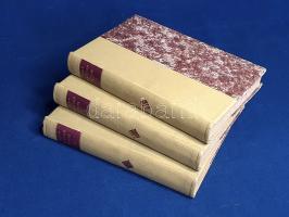 Nagy Ignác:  Magyar titkok. Regény. Az eredeti kiadás képeivel. I-III. kötet. [Teljes.] Budapest, 1908. Franklin-Társulat Magyar Irodalmi Intézet és Könyvnyomda. 1 t. (címkép) + VIII + 334 + [2] p. + 8 t.; [2] + 358 + [2] p. + 8 t.; [2] + 370 + [2] p. + 8 t. Nagy Ignác (1810-1854) író, drámaíró, újságíró, lapszerkesztő, a XIX. századi értelemben vett humoros életképek mestere, társadalmi típusok szórakoztató leírója. "Magyar titkok" néven ismert munkája, fő műve - e szatirikus bűnügyi kalandregény - a reformkori próza egyik jelentős teljesítménye, mely témájában és folytatásos közlési formájában is újdonságot jelentett a magyar irodalomban. Nagy Ignác munkája az Eugene Sue-féle párizsi rémregény magyarországi meghonosítása, melyben keverednek a néprajzos ihletésű vidéki és a párizsi ihletésű pesti szatirikus életképek, melyeket a markánsan bűnügyi cselekmény tart egyben. Bár a szeriális szerkesztésben, illetve az emlékezetes hátterű városi zsánerfigurák megteremtésében Nagy Ignác sokat tanult Eugene Sue-től, a kalandokat mégis tekinthetjük a reformkori Pest egyfajta szatirikus bédekkerének. A munka először füzetfolytatásokban jelent meg, 1844-ben. Egységes, aranyozott gerincű korabeli félvászon kötésben, márványmintás festésű lapszélekkel. Jó példány.