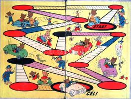 Motorverseny társasjáték kihajtható, színes, illusztrált játéktáblája korabeli motormodellekkel és állatfigurákkal. (1960 körül). [Budapest, 1960 körül]. [Nyomda nélkül]. Kihajtható, színes játéktábla, mérete: 320x425 mm egy 325x435 méretű kartonlapon. Színes játéktáblánk a dobókockával lépés-vezérelt táblás versenyjátékok egyikéhez tartozik, a játék célja a játékostársaknál hamarabb eljutni a célmezőre. A vidám állatfigurákkal és közlekedési vétségekkel illusztrált motorverseny kitüntetett, vörös körrel jelzett mezői feltehetően a játékosok által elkövetett közlekedési szabálytalanságokat szankcionálnak, ilyen módon oktatva őket a KRESZ szabályainak betartására. A játéktábla kutya-, macska-, róka-, nyúl- és medvefigurái nem visznek közelebb kiadási év feltüntetése nélkül kiadott játékunk korának megállapításához, ám tekintetbe kell vennünk a játéktábla két, jellegzetes, korjellemző motorkerékpárját. A startmezőn látható Panni robogó 1957 nyarán, a bal felső sarokban található Csepel T1 oldalkocsis motorkerékpár 1960 során került forgalomba, mindkettő a Csepel Motorkerékpár exportált büszkeségének számított. Ennek megfelelően játéktáblánk gyártási évét 1960 körülire tesszük. A táblán apró foltosság és apró kopások, hátoldalán apró, halvány foltosság. Vászoncsíkkal összefogott, kétleveles kartontábla.