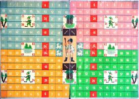 Bárány-játék. Erdélyi tematikájú társasjáték színes, illusztrált játéktáblája. (1940 körül). [Budapest, 1940 körül]. [Nyomda nélkül]. Kihajtható, színes játéktábla, mérete: 345x490 mm egy 355x495 méretű kartonlapon. Színes játéktáblánk a dobókockával irányított táblás versenyjátékok egyikéhez tartozik, a játék célja a játékostársaknál hamarabb eljutni a 66-os mezőre, amelyen elkódorgott báránykánk rejtőzik. A székelyföldi erdőket, vadászokat és székelyföldi népviseletbe öltözött legényt ábrázoló játékot egyszerre négy játékos játszhatta, elkülönülő játéktereket, így a középkorból származó lúd-játék alapmechanikája, az azonos mezőre lépéssel megtörténő kiütés, kiszabadítás játékváltozatunkban nem fordulhatott elő. Cserébe minden játékos játékterén bőségesen találhatóak különleges mezők, melyeken különféle utasításokat kellett végrehajtani. Kiadási évszám megjelölése nélkül kiadott játéktáblánk gyártási évét az erdélyi rajzok alapján 1935 körülire tesszük. Játéktáblánk felületén apró karcosság, halvány kopások, hátoldalán enyhe elszíneződés. Vászoncsíkkal összefogott, kétleveles kartontábla.