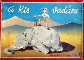 A kis vadász. Társasjáték 10 éves kortól. A Játékfelülvizsgáló Bizottság által engedélyezett játék, eredeti, illusztrált játékdobozában. (1956). [Budapest], 1956. Állami Nyomda. Kihajtható, színes, illusztrált játéktábla, dobókockával, játékbábukkal, játékpénzzel, zsákmány-lapokkal és pontozólappal. A játéktábla mérete: 330x475 mm egy 335x480 mm méretű kartonlapon. Vadászati témájú táblás játékunk a hideg, a mérsékelt és trópusi éghajlati övekben való trófeagyűjtés világába vezet. A 4-5 játékos által játszható játékban a cél a pontozólapon előre meghatározott trófeagyűjtemény teljes begyűjtése a többiek előtt. A dobókockát játékunk a lépések meghatározására használja, a játéktáblák meghatározott, feliratozott mezőin elhelyezett zsákmány-lapok azonnal begyűjthetőek, amennyiben a játékos bábujával a megfelelő mezőre lép, ám előfordulhat, hogy olyan állatot lő ki, amely nem szerepelt trófeagyűjteményében. Játékunk összességében állatok versenyszerű kilövését tematizálja, és érdekességként játékpénz is fizetendő az égövekben folytatott vadászatért, illetve az égövek közti átlépésért. Társasjátékunk csaknem teljes, játéktáblája, valamennyi játékpénze és pontozólapja megvan, a 40 zsákmánylapból és a négy műanyag vadászfigurából egy-egy hiányzik: a tulajdonos fabábuval pótolta a játékfigura hiányát.  Két pontozólapunk a játékszabály tanúsága szerint nyomdahibás, felületén kisebb foltosság. Színes, illusztrált játéktáblánk felületén apró karcosság, hátoldalán apró foltosság. Vászoncsíkkal összefogott, háromleveles kartontábla, jó állapotú játékpénzek, zsákmánylapok és pontozólapok, jó állapotú figurák és dobókocka, színes, illusztrált, javított kiadói dobozában.