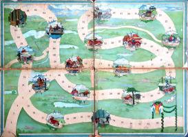 Léon Saussine francia játéktervező "Course d'automobiles" (1905) című táblás autóverseny-játéka magyar változatának színes, illusztrált, kőnyomatú játéktáblája. (1910 körül). [Budapest, 1910 körül]. [Nyomda nélkül]. Kihajtható, színes kőnyomatú játéktábla, mérete: 590x810 mm. Az 1905 körül kiadott "Course d'automobiles", Léon Saussine francia játéktervező játéka elsőként ötvözte a kor új szenvedélyét, a távolsági automobil-versenyzést a táblás játékok világával. Jóllehet a dobókockákkal és játékbábukkal működtetett táblás versenyjátékok ötlete korántsem új: lúdjáték néven már a 17. század óta ismerték, és eredetileg is akadályokkal teleszórt pályán mozgatták a játékosok bábuikat, a távolsági automobil-versenyzés világa megújította az ősi játékot. Míg a lúdjáték játékosainak lúdbábui az akadálypálya során ketrecbe, verembe estek, lecsúsztak a létrán, addig az autóversenyekben már defektek, üzemanyag-hiányok, megcsúszások, lúdnyáj-karambolok, kikerülendő lovaskocsik, igazoltatások, túl meredek emelkedők és ereszkedők nehezítik a versenyzők dolgát. A századfordulós "Course d' automobiles" játéktáblája érzékletesen jeleníti meg a távolsági autóversenyek egykori világát, különleges mezőin a fenti események részletgazdag illusztrációival; ezek a különleges mezők ideiglenesen felülírják a versenyjáték alapszabályait, dobásmódjait. Magyar változatú játéktáblánk Léon Saussine játékának pályatervét pontosan átveszi, grafikáit azonban áttervezi, különösen a különleges mezőknél. Míg Saussine eredeti játékának játéktábláján a versenyző automobil hátsó ülésein hölgyutasok is megjelennek, a magyar változatban a versenyzés férfiak dolga, ennek megfelelően kizárólag a vezetőt és segédjét ábrázolja. Míg a francia eredeti 20-as mezőjénél a kocsi a tengerparton száguld, magyar változatú játéktáblánk 20-as mezejénél a szepesi vár körvonalai sejlenek fel. A francia eredeti 29-es mezejénél az automobil könnyű hintóval ütközik, magyar változatunkban karikás ostorral hajtott ökrös szekérrel. És jóllehet a 48-as mezőnél azonos az ötlet: a versenyzők lúdnyájon hajtanak keresztül, a feldühödött falusiak egészen más népviseletben rázzák ökleiket. A 38-as mező üzemanyaghiány-eseményét a francia és magyar grafikus eltérően jeleníti meg: míg az eredeti verzióban feliratozott benzinkútnál várakozik az autó, addig a magyar változatban egy gyárnegyed belsejéből érkezik a kanna, a rajta feltűnő "Benzin" felirattal. (A magyar változat grafikusa vélhetően úgy gondolta, hogy a benzinkutak még nem intézményesültek annyira hazánkban, hogy arról egy társasjáték játékosai értesültek volna.) Végezetül a célmezőnél, a 90. mérföldet jelképező 90. mezőnél a Franciaországban már meghonosodott autóversenyzés nemzetközi jellegét a célpóznákra aggatott amerikai, francia, brit, olasz, orosz, spanyol és japán zászlók szimbolizálják, magyar változatú játéktáblánkon csupán fantáziazászlók, illetve a francia zászló tűnik fel. Játéktáblánk szélén apró, a játékmezőt nem érintő apró hiányok, apró sérülések, apró javítások, a játékfelületen apró foltosság. A játéktábla hátoldalán javítások. Vászoncsíkkal összefogott, négyleveles játéktábla, hajtogatva.