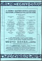 A Csonka Szatmár-Bereg-Ugocsai egyetemi és főiskolai hallgatók köre részére szóló meghívó és program megyei diákbálra.