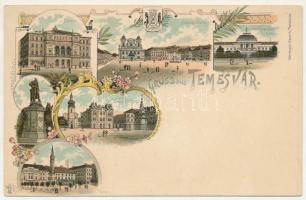 Temesvár, Timisoara; Theater, Losonczy Platz, Josefstädter Kloster, Fabrik, Kossuthplatz, Scudier-Monument, Prinz Eugen Platz / Színház, Józsefvárosi zárda, Gyárváros, Kossuth tér, Jenő herceg tér, Losonczy tér, Scudier szobor. Uhrmann Henrik kiadása / theatre, squares, nunnery, monument. O.Z.M. Art Nouveau, floral, litho