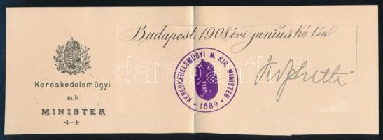 1908 Kossuth Ferenc (1841-1914) kereskedelemügyi miniszter autográf aláírása kivágáson