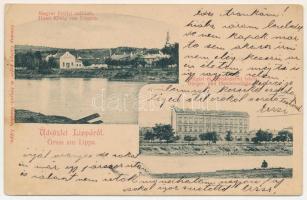 1905 Lippa, Lipova; Magyar király szálloda, Polgári és kereskedelmi iskola. Krivány György kiadása / Hotel König von Ungarn, Bürger- und Handelsschule / hotel, schools (ázott sarok / wet corner)