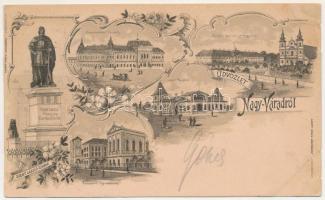 1898 Nagyvárad, Oradea; Szent László király szobor, Premontrei főgimnázium, Kereskedelmi csarnok, Sport pavilon, Püspöki palota és székesegyház. Laszky Ármin / statue, grammar school, trade hall, sport pavilion, bishop's palace and cathedral. Art Nouveau, floral, litho (kis szakadások / small tears)