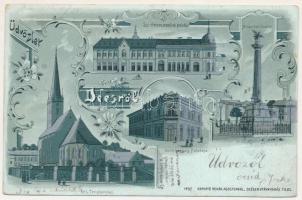 1900 Dés, Dej; Szt. Ferenc rendiek palotája, református templom, Millenniumi szobor (1919-ben ledöntötték), Voith Gergely palotája. Kapható Rehák Ágostonnál / church, palace, monument (demolished in 1919). Art Nouveau, floral, litho (EB)