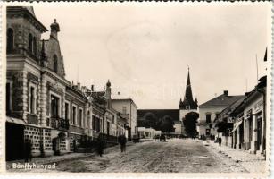 Bánffyhunyad, Huedin; utca, Gál Gyula, Szabó Lajos üzlete / street view, shops