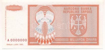 Bosznia-Hercegovina / Szerb Köztársaság / Banja Luka 1993. 1.000.000.000D minta bankjegy "SPECIMEN" felülbélyegzés nélkül, piros "A 00000000" sorszámmal T:UNC Bosnia and Hercegovina / Serbian Republic / Banka Luka 1993. 1.000.000.000 Dinara specimen banknote without "SPECIMEN" overprint, with red "A 00000000" serial number C:UNC