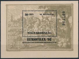 1992 Bélyegnap - Eurofilex eltérő színű sorszámozott blokk NEM FELRAGASZTVA, hibátlan hátoldallal (20.000)