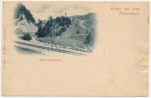 Felsőtömös, Felső-Tömös, Timisu de Sus (Brassó, Kronstadt, Brasov); Tömös-völgyi vasútvonal, honvéd szobor. Zeidner H. kiadása / Tömösthal / valley, railway line, Hungarian military monument (b)