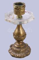 Bronz gyertyatartó, üveg viaszfogóval, m: 16 cm