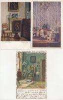 10 db RÉGI képeslap: lakás enteriőrök, belső / 10 pre-1945 postcards: house interiors