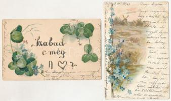12 db RÉGI (1905 előtti) virágos üdvözlőlap, közte litho / 12 pre-1905 flower greeting postcards, with litho
