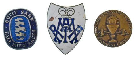 1938. "CONGRESS EVCHARISTIC INTERNAT - BUDAPEST 1938" bronz kitűző Szign.: Madarassy Walter (1909-1994) (30mm) + DN (~1930-1940.) "Sancta Maria Általános Iskola és Leánygimnázium" zománcozott és festett fém iskolajelvény (40x30mm) + DN "CUTTY SARK - TALL SHIPS' RACES" modern kitűző (27x32mm) T:AU-XF egyiken zománchiba